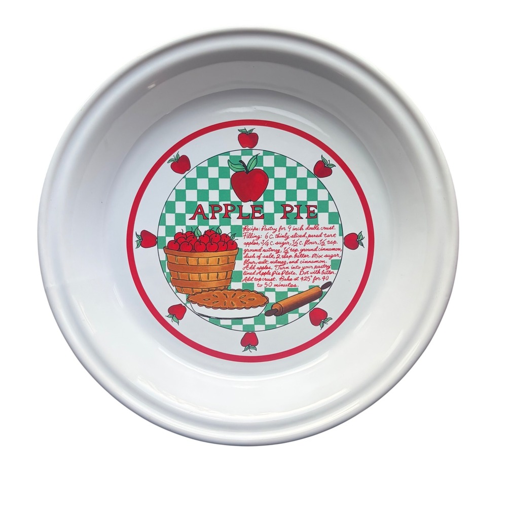 VTG Apple Pie Recipe Dish Ceramic Deep Dish Baker White Red Green Cottage Decor